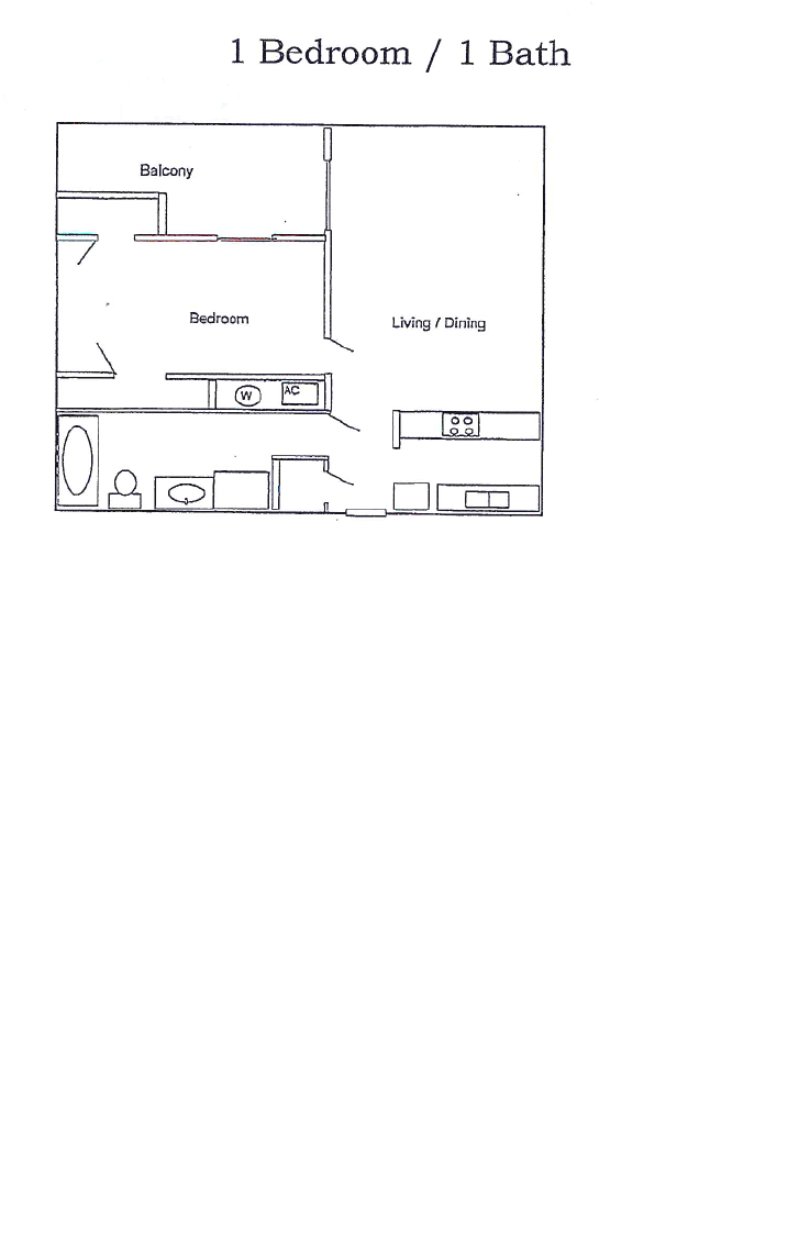 Floor plan for 1 bed, 1 bath, 615 sqft